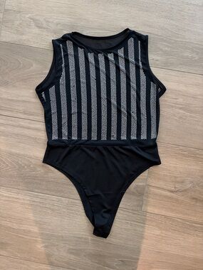 Black Sleeveless Mesh Stripe Bodysuit